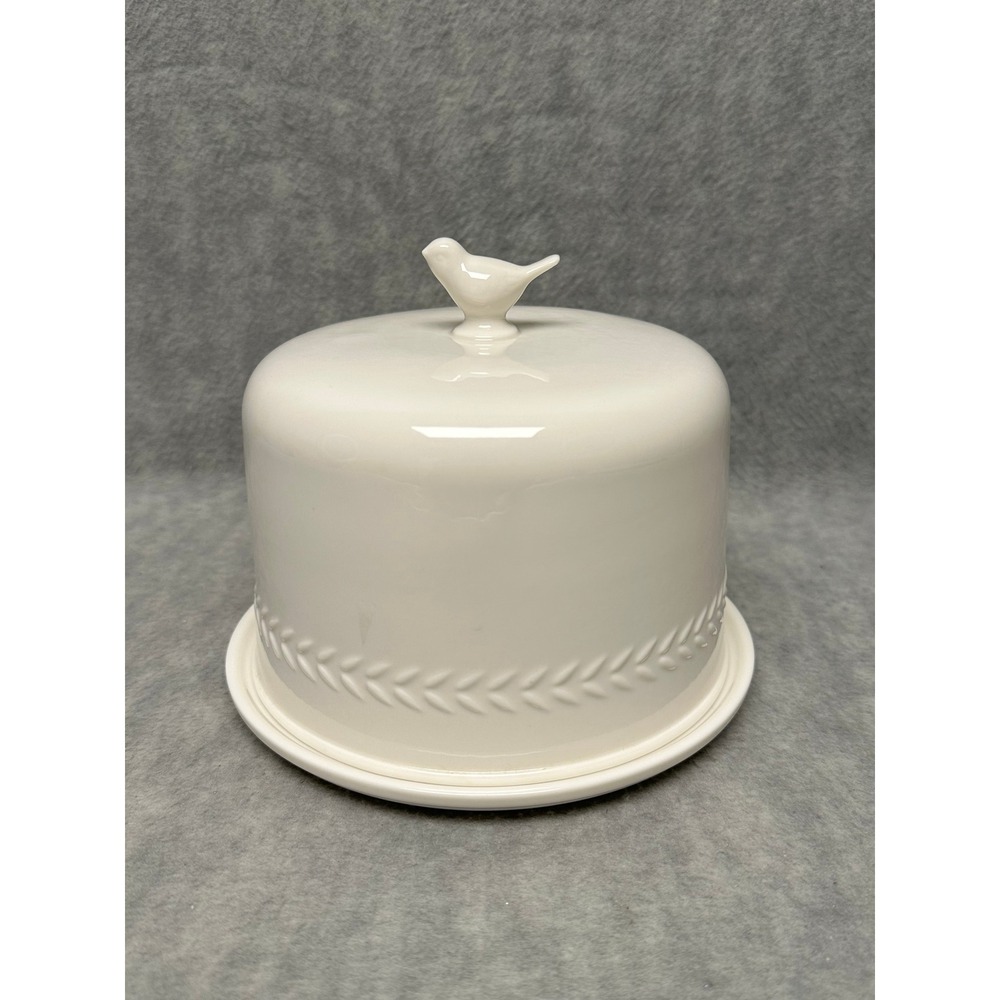 Martha Stewart Collection White Ceramic Bird Dome Laurel Embossed 2-Piece